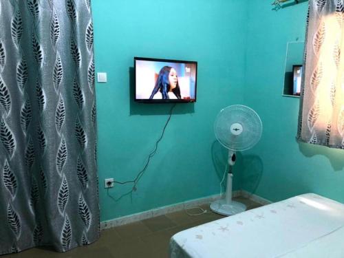 a bathroom with a tv on a green wall at Le Caire قاهرة in Rufisque