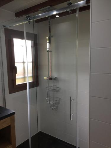 a glass shower door in a bathroom with a window at Chalet dans clairiere in Bolquere Pyrenees 2000