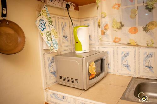 un forno a microonde seduto sopra un bancone della cucina di The Unit a Nyeri