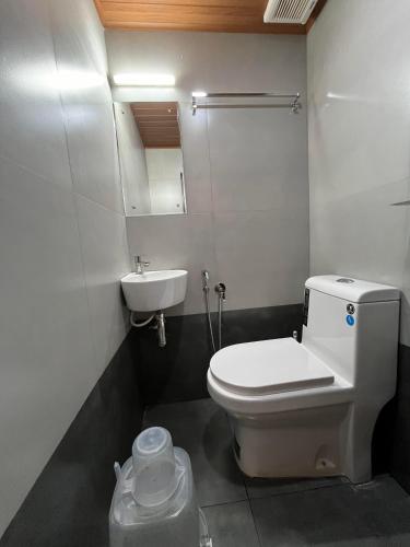 a bathroom with a white toilet and a sink at Kovilakam Achutham in Guruvāyūr