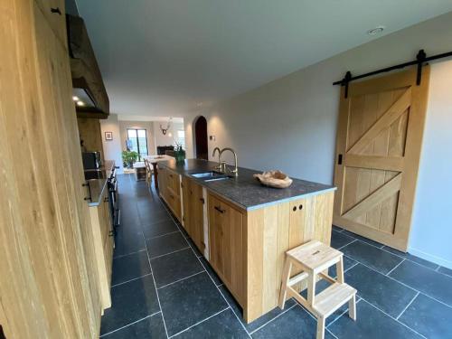 a kitchen with a sink and a counter with a door at Vakantiehuis The Nuthouse in Roeselare