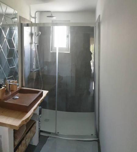une salle de bain avec une douche en verre et un lavabo dans l'établissement Villa les pieds dans l'eau résidence calme, à Poggio-Mezzana