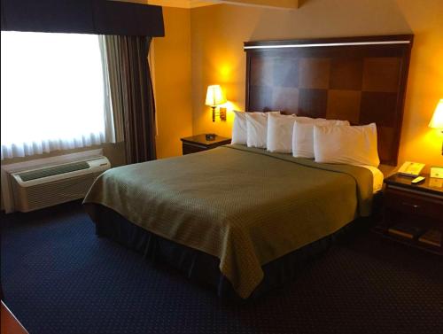 a hotel room with a large bed and a window at Inn at Bayshore in San Mateo