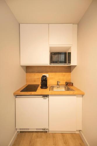 une cuisine avec un évier et un micro-ondes dans l'établissement Jeanne - Hypercentre, à Orléans