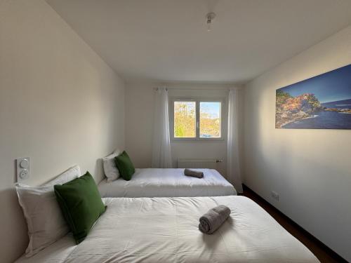 1 dormitorio con 2 camas y ventana en Le Bellevue 6 pers Campagne Reve au Mans, en Montfort-le-Gesnois