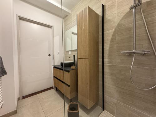 a bathroom with a shower and a sink at Le Bellevue 6 pers Campagne Reve au Mans in Montfort-le-Gesnois
