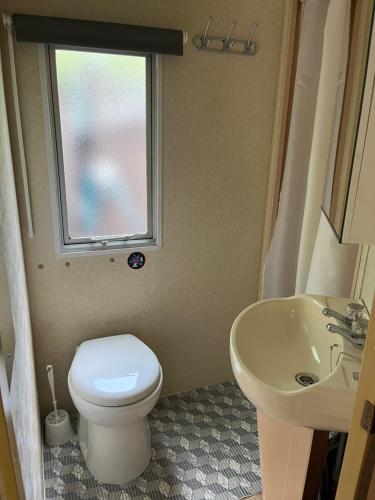 a bathroom with a toilet and a sink and a window at La caravane de Maminou in Stavelot