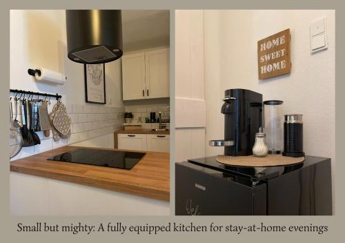 a small but mighty kitchen with a fully equipped kitchen with a coffee maker at Urban Retreat - Central and Historic with Private Parking in Würzburg