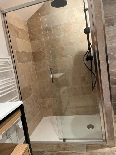 une douche avec une porte vitrée dans une salle de bain dans l'établissement Maison « Le moulin à vent », à Berthenay