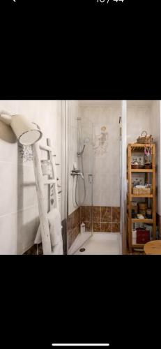 une salle de bain avec une douche avec une porte vitrée dans l'établissement Maison d artiste et de charme avec vue sur lac Leman et montagnes proche Geneve, à Ballaison