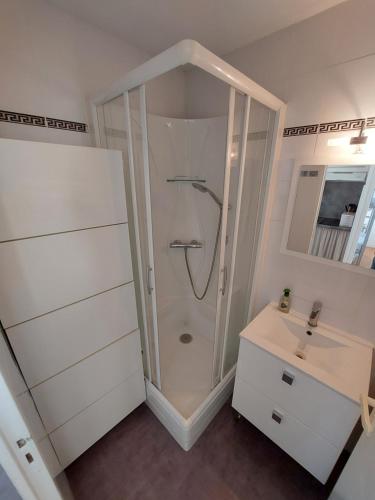 サン・ジャン・ド・リュズにあるApartment Plage Lafiteniaの白いバスルーム(シャワー、シンク付)