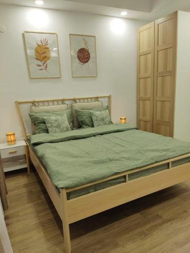 a bedroom with a large bed with green sheets and pillows at Antonia's Cozy Studio in Ştefăneştii de Jos