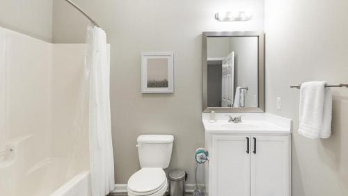 La salle de bains est pourvue de toilettes, d'un lavabo et d'un miroir. dans l'établissement Landing - Modern Apartment with Amazing Amenities (ID7327X28), à Wake Forest