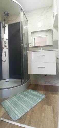 une salle de bain avec une douche, un lavabo et un miroir dans l'établissement Appartement T2 au 1er étage, à Margny-lès-Compiègne