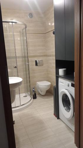 a bathroom with a toilet and a washing machine at Apartament Włoski Styl in Gniezno