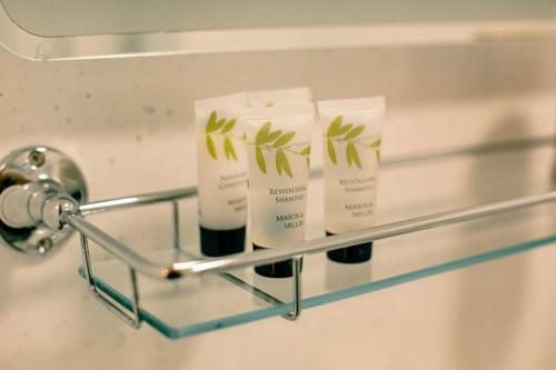 a towel rack with two bottles of soap on a sink at Granary at Tyddyn Isaf in Ruthin