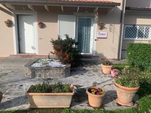 a house with three potted plants in front of it at leupupe relax cultura mare monti in Cascina