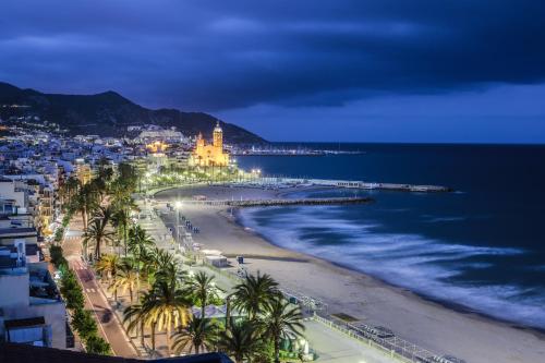 a beach at night with palm trees and the ocean at Calipolis in Sitges