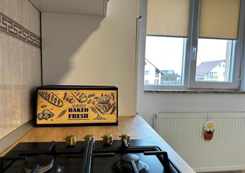 a box sitting on top of a stove in a kitchen at Best Apartment Suceava in Suceava