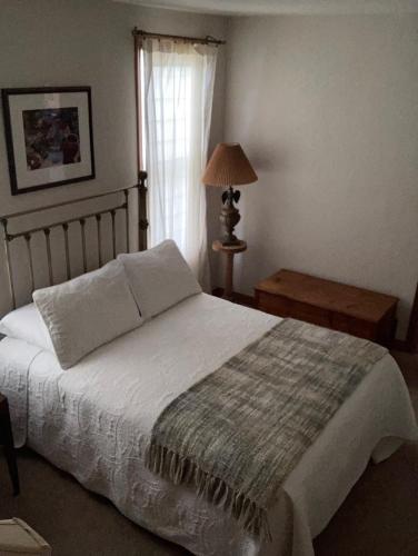 a bedroom with a bed and a lamp and a window at Cozy Algoma Retreat! Minutes to Beach and Downtown! in Algoma