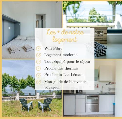 un collage de photos d'une maison avec un panneau dans l'établissement Appartement Cozy 2 Panoramique Lac Léman Thonon-Les-Bains, à Thonon-les-Bains