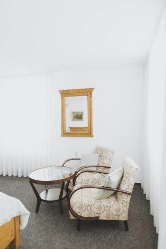 a room with two chairs and a table and a mirror at Penzion Jakub in Lanškroun