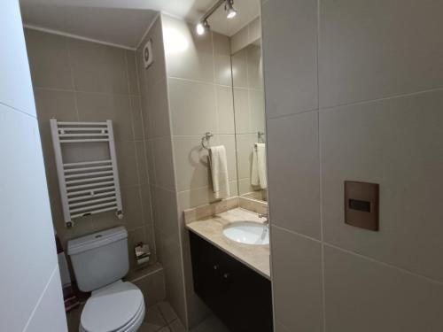 a bathroom with a toilet and a sink and a mirror at APART LOMAS DE SAN ANDRES concepción in Concepción