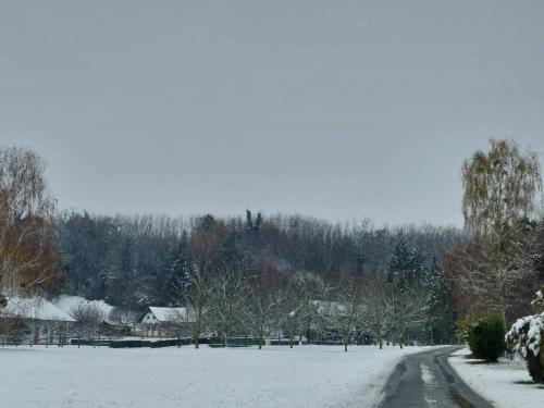 a snow covered road with a house in the distance at Marókahegy in Zalakaros