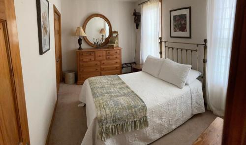 a bedroom with a bed and a dresser and a mirror at Cozy Algoma Retreat! Minutes to Beach and Downtown! in Algoma