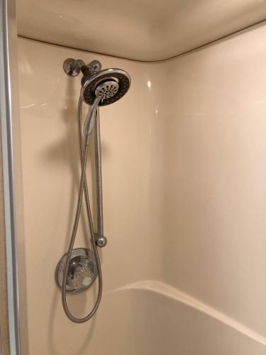 a shower head in the corner of a bathroom at Cozy Algoma Retreat! Minutes to Beach and Downtown! in Algoma
