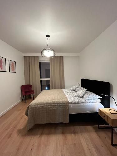 Schlafzimmer mit einem Bett und einem Kronleuchter in der Unterkunft Apartament Klonova dla dorosłych in Olecko