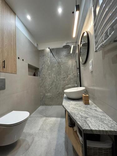 a bathroom with a toilet and a sink at Apartament Klonova dla dorosłych in Olecko
