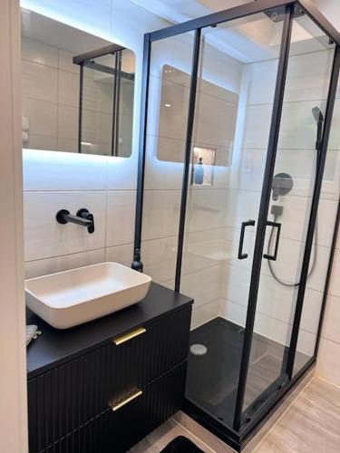 a bathroom with a sink and a shower at Royal Stay in Olsberg