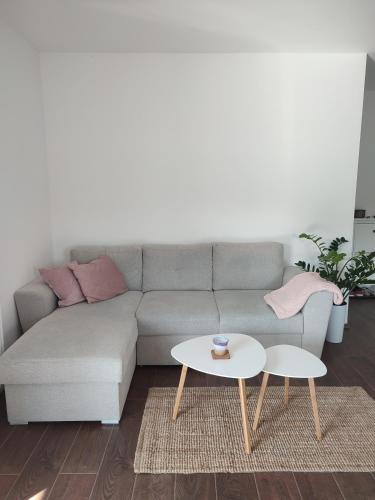 a living room with a couch and a coffee table at LadyDi apartman in Banja Koviljača