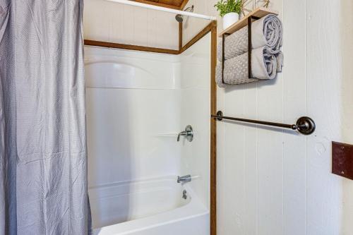 a bathroom with a shower and a white toilet at Smoky Mountain Cabin with Fire Pit and Stunning Views! in Andrews