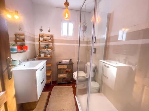 y baño con ducha, aseo y lavamanos. en Villa Sueños, en Sevilla