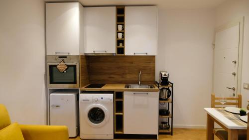 una cucina con lavatrice e asciugatrice di 2E Center Apartment a Tirana