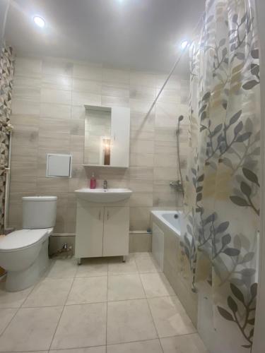 Комфортабельные - Уютные квартиры в городе Костанай (Плаза) في كوستاناي: حمام مع مرحاض ومغسلة وحوض استحمام