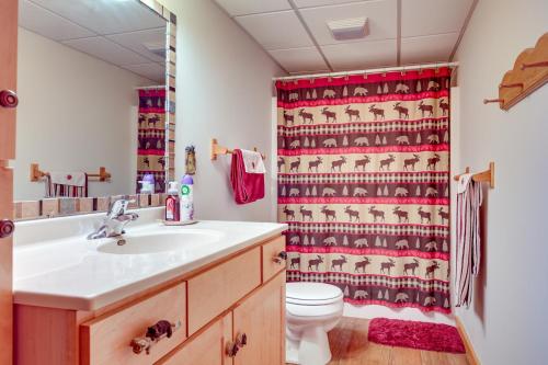 a bathroom with a sink and a red shower curtain at Lakefront Tomahawk Getaway with Deck and 2 Fireplaces! in Tomahawk