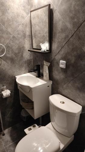 Un baño con inodoro, lavabo y espejo. en Cabañas Olluhuasi, en Valle Hermoso