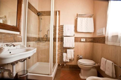 a bathroom with a shower and a toilet and a sink at Locanda Poggioleone in Castiglione del Lago