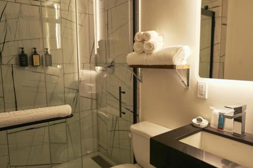 a bathroom with a shower and a toilet and a sink at Hotel Julian in San Francisco