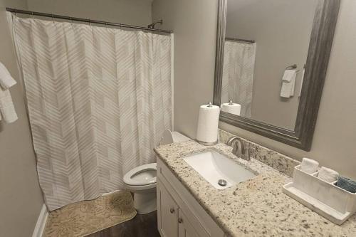 ein Bad mit einem Waschbecken, einem WC und einer Dusche in der Unterkunft Charming & Spacious 3BR House in Concord