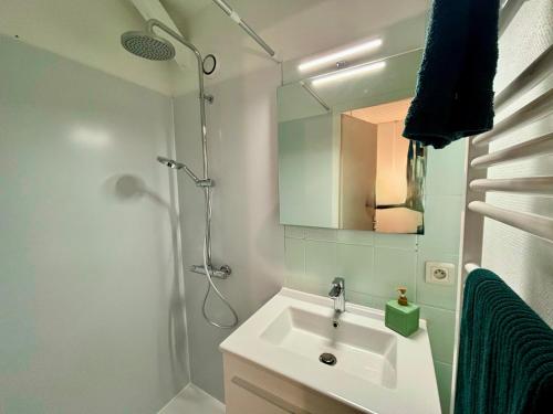 une salle de bain avec un lavabo, une douche et un miroir dans l'établissement Appartement chaleureux, à La Roche-sur-Yon
