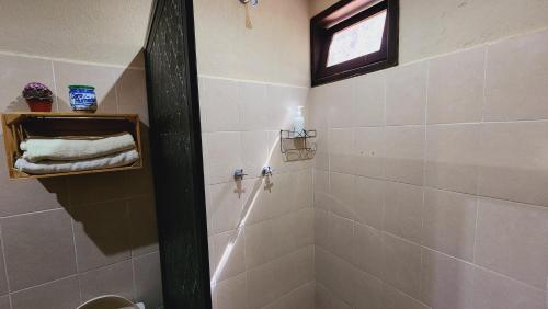 a bathroom with a shower with a sink and a window at Cabañas Rincón de la Montaña in San Cristóbal de Las Casas