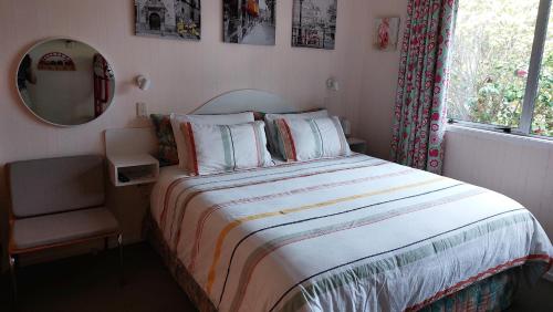 a bedroom with a bed and a chair and a mirror at Bed and Breakfast Happy Home Taupo Accommodation in Taupo