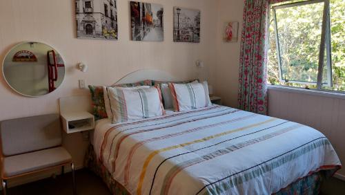 a bedroom with a bed with a mirror and a chair at Bed and Breakfast Happy Home Taupo Accommodation in Taupo
