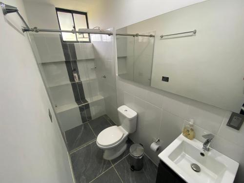 a bathroom with a toilet and a sink at Springfield Eco-Suites Guatapé in Guatapé