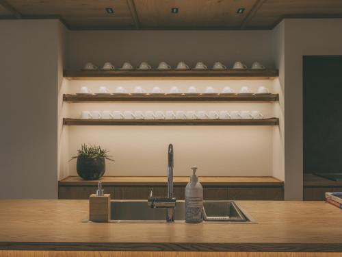 a kitchen counter with a sink and a shelf with dishes at Chalet Shiga in Yamanouchi