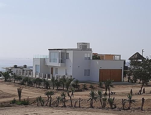 a house on the beach with palm trees in front of it at CASA DE PLAYA Durante todo el año in Punta Negra